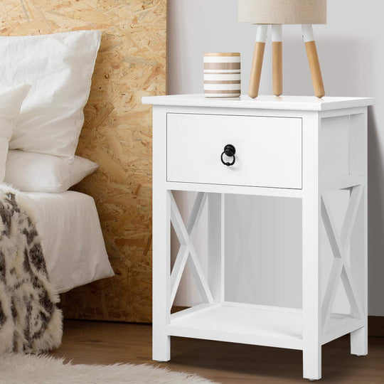 Artiss Tables Side Nightstand - 2 X Bedside Table 1 Drawer With Shelf - Emma White