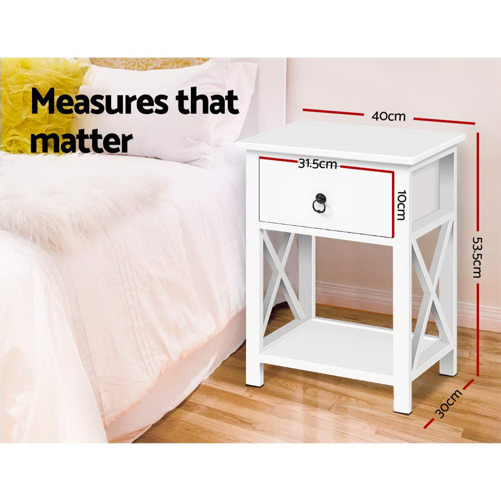 2 X Bedside Table 1 Drawer With Shelf - Emma White