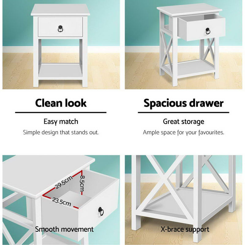 2 X Bedside Table 1 Drawer With Shelf - Emma White - Artiss Tables Side Nightstand
