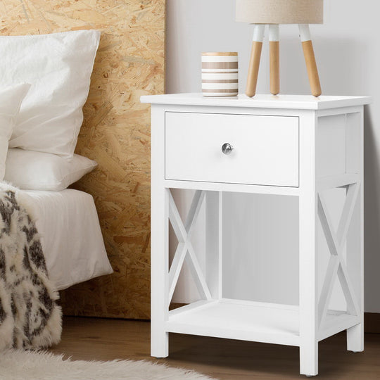 1 Drawer - Bedside Table 1 Drawer with Shelf White Nightstand Furniture