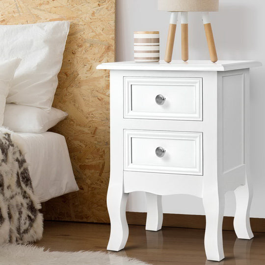 BISSET White Bedside Table 2 Drawers Storage Nightstand | Artiss Vintage Style Side