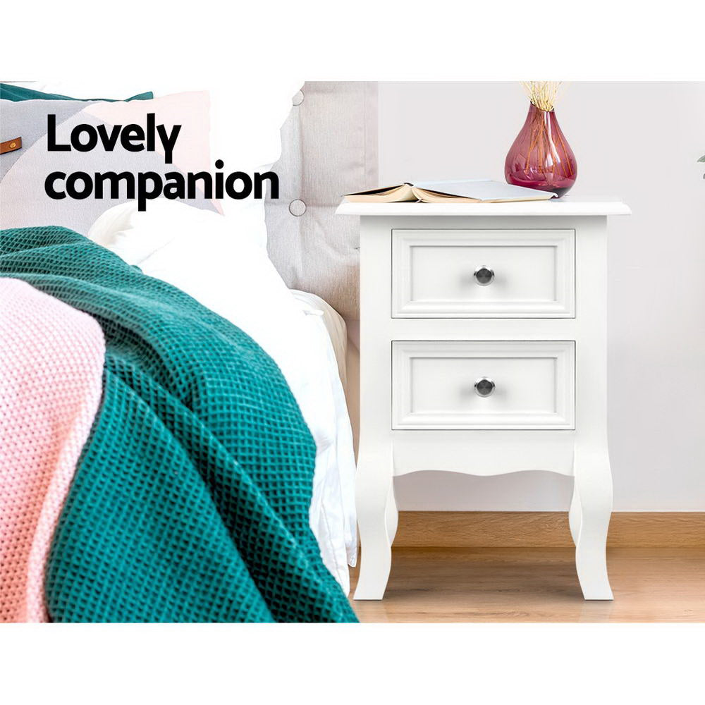 BISSET White Bedside Table 2 Drawers Storage Nightstand