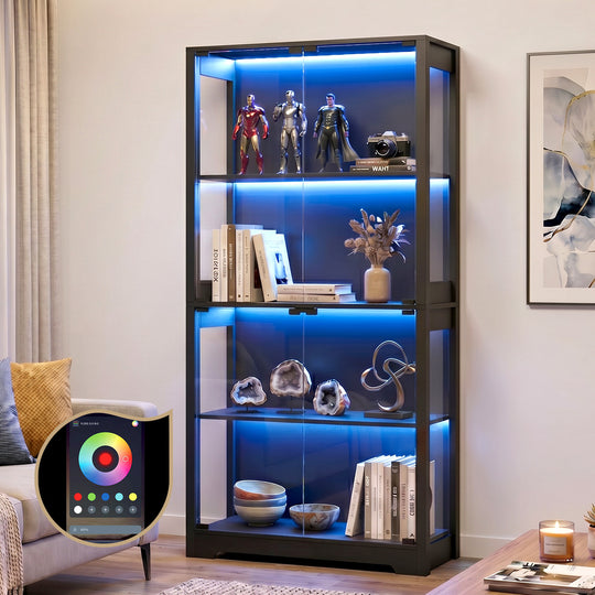 4 Tier Glass Display Cabinet LED Bookcase Black | Simpledeal