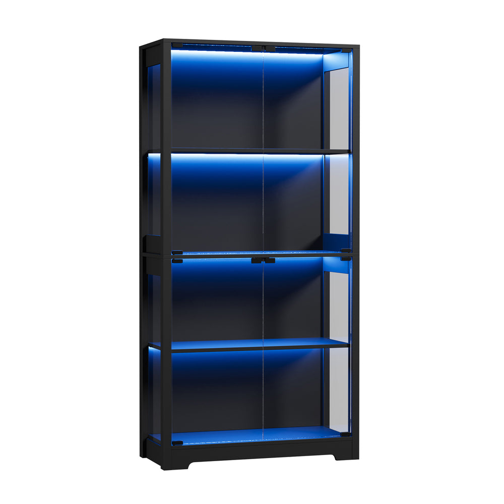 4 Tier Glass Display Cabinet LED Bookcase Black | Simpledeal