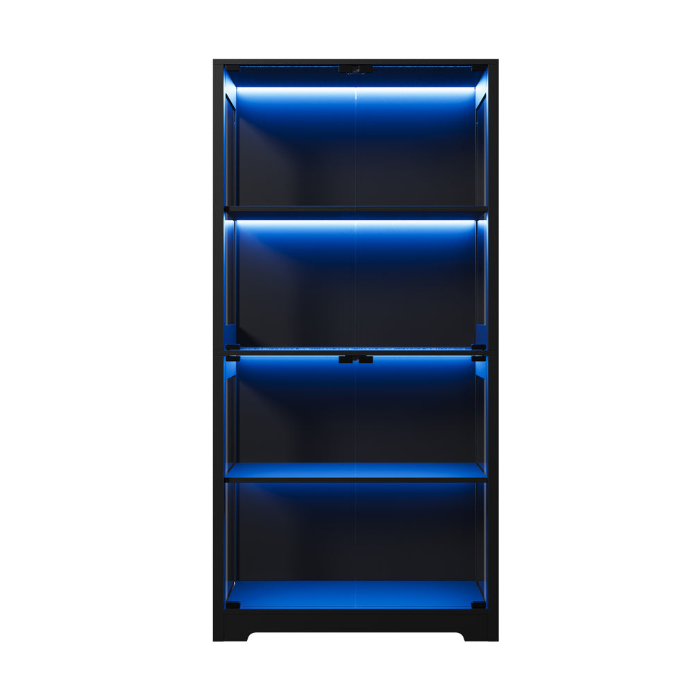 4 Tier Glass Display Cabinet LED Bookcase Black | Simpledeal