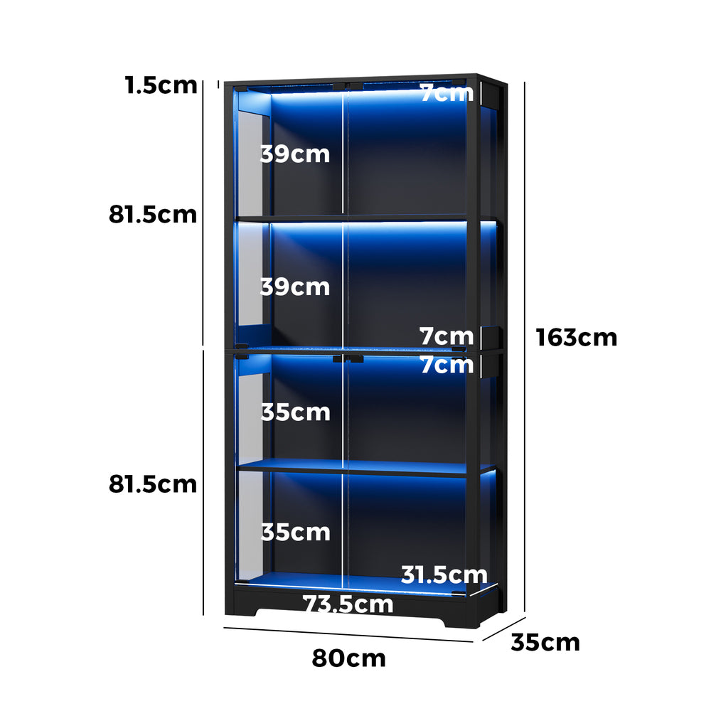 4 Tier Glass Display Cabinet LED Bookcase Black | Simpledeal