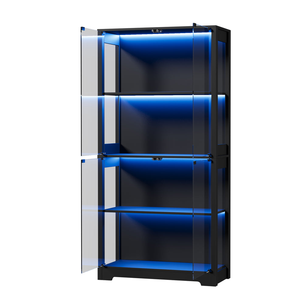 4 Tier Glass Display Cabinet LED Bookcase Black | Simpledeal