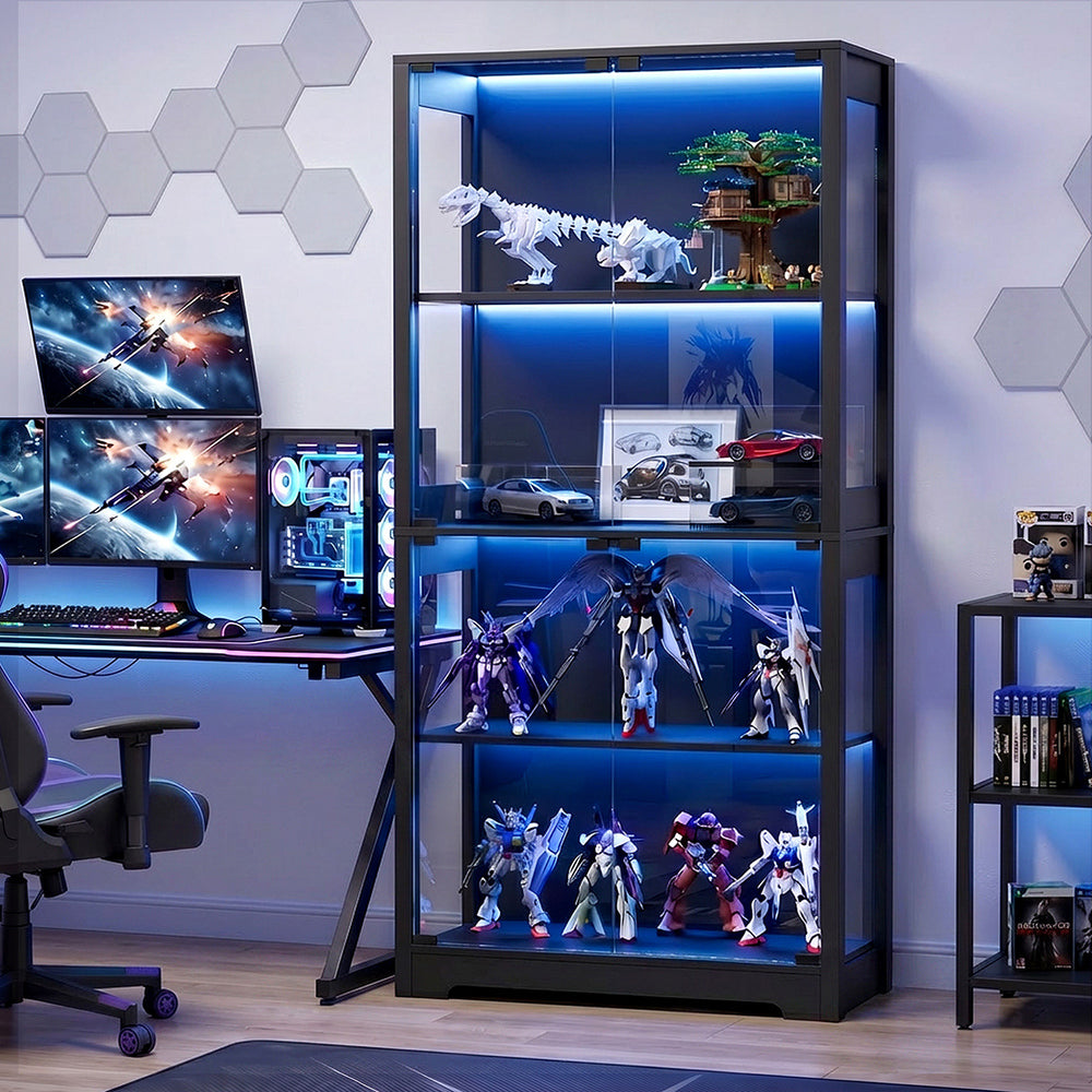 4 Tier Glass Display Cabinet LED Bookcase Black | Simpledeal