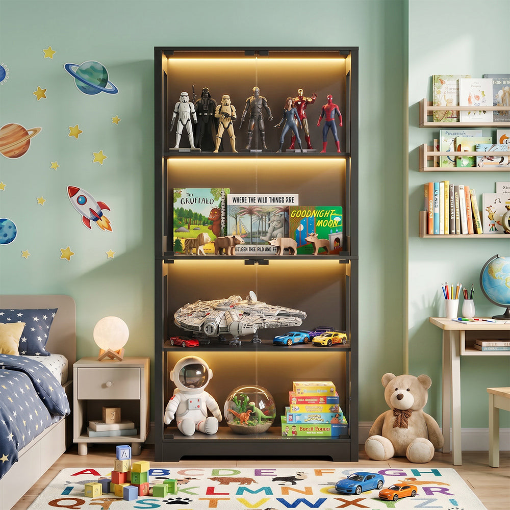 4 Tier Glass Display Cabinet LED Bookcase Black | Simpledeal