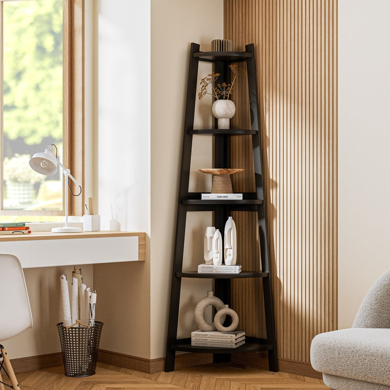 Bookshelf - Corner Ladder Shelf 5-Tier Display Shelf Black - photo 11
