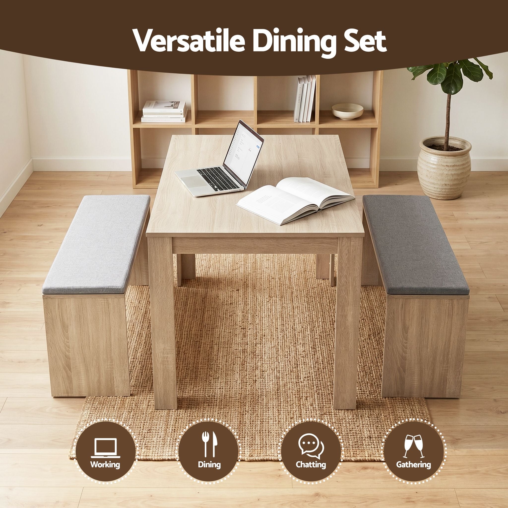 3 Piece Dining Set 120cm Oak Table Chairs | Simpledeals
