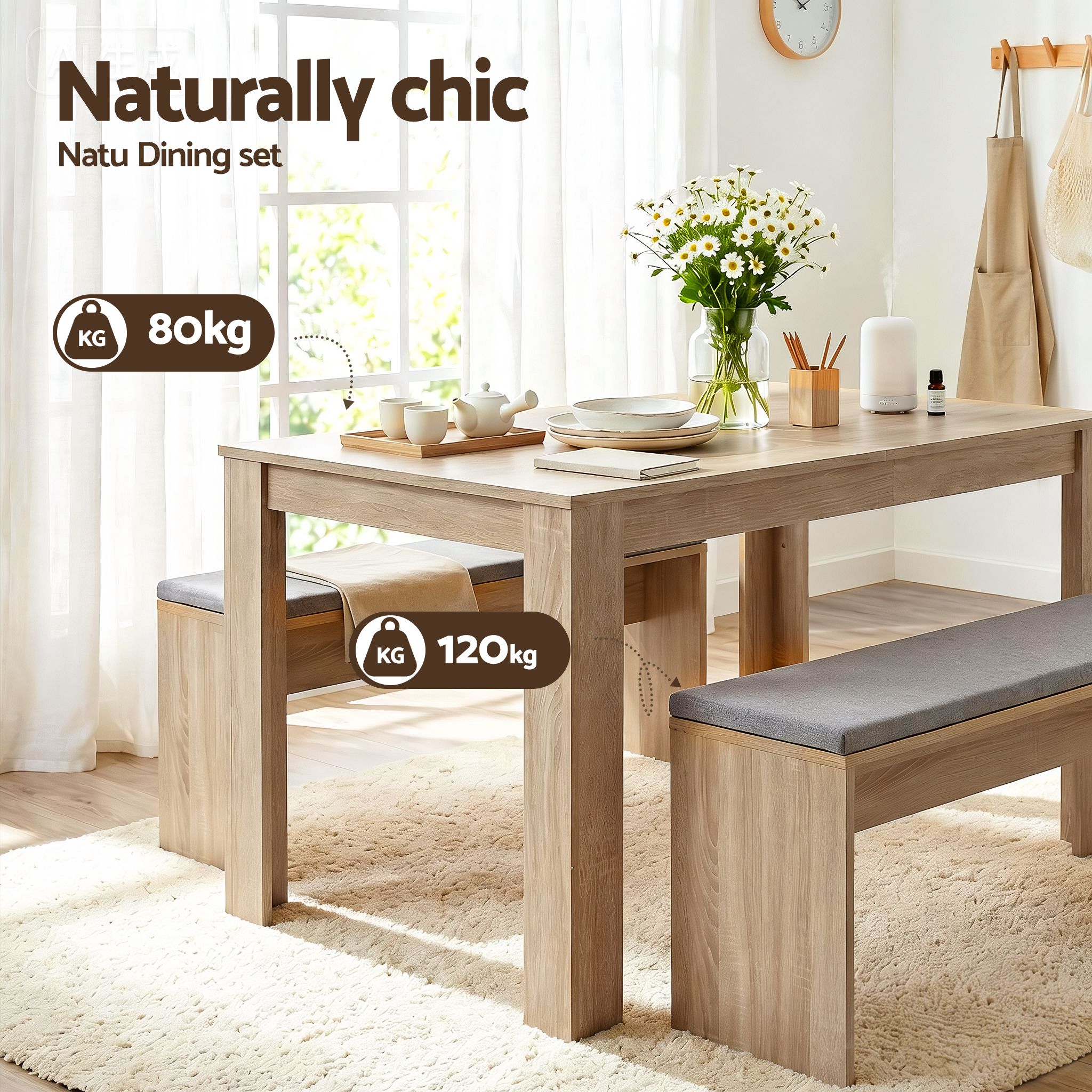 3 Piece Dining Set 120cm Oak Table Chairs | Simpledeals