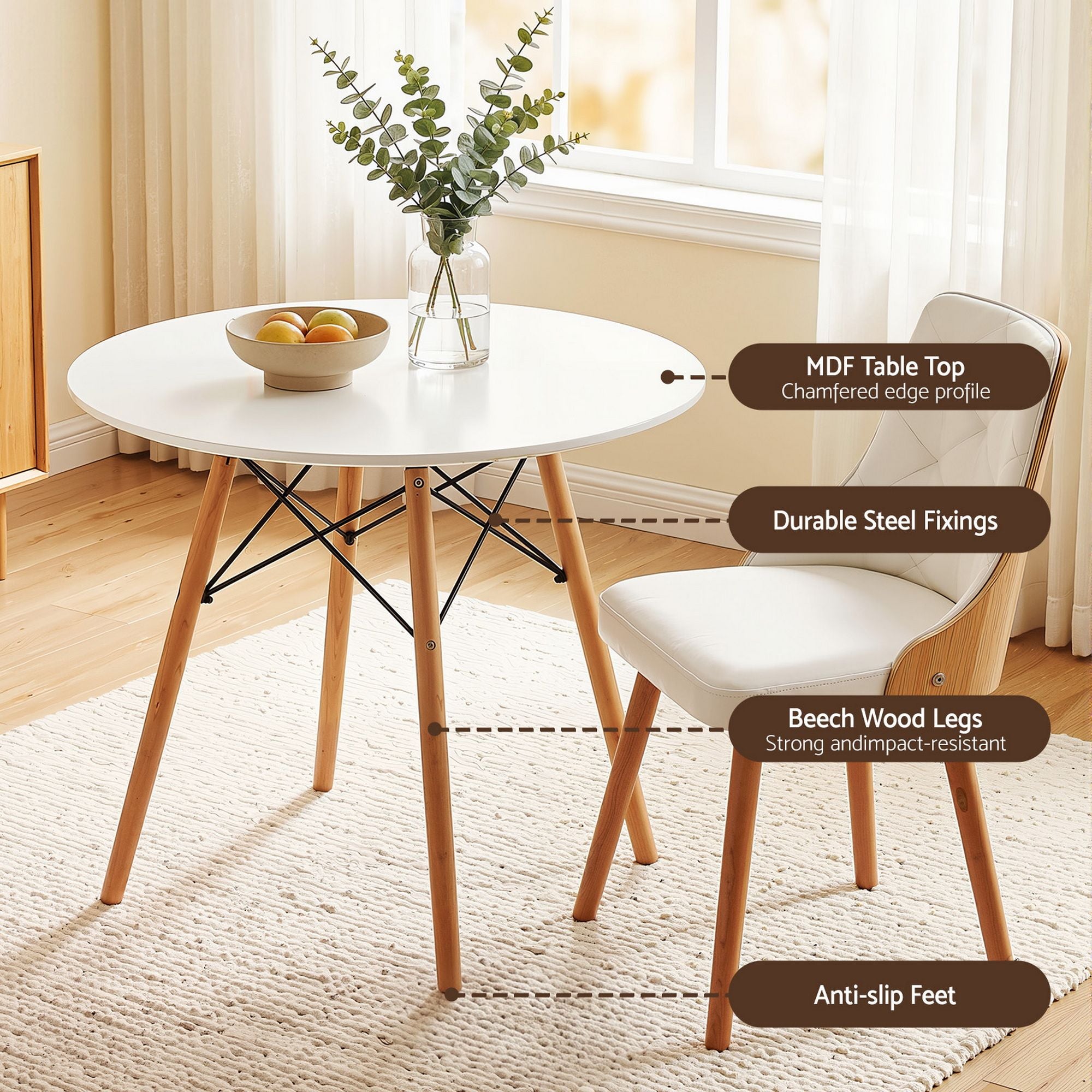 Round Dining Set 3 Piece 90cm White | Simpledeals