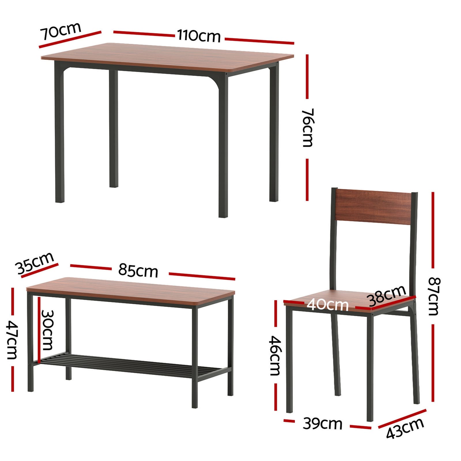 Dining Set With Storage Bench 110x70x76cm