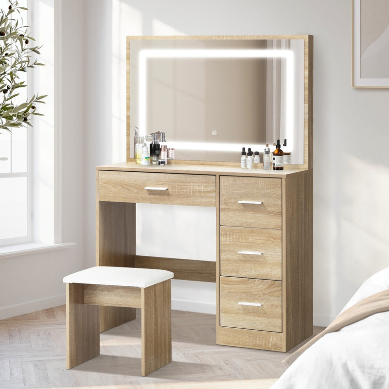 Natural - Dressing Table Stool Set Large Mirror LED Light - photo 11