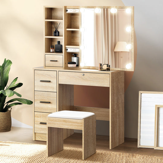 Dressing Table Stool 10 LED Bulbs Wooden