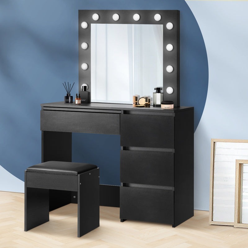 Makeup Desk with Mirror, Storage, and 12 LED Lighting-Wood\White\Black | Compact Dressing Table Stool
