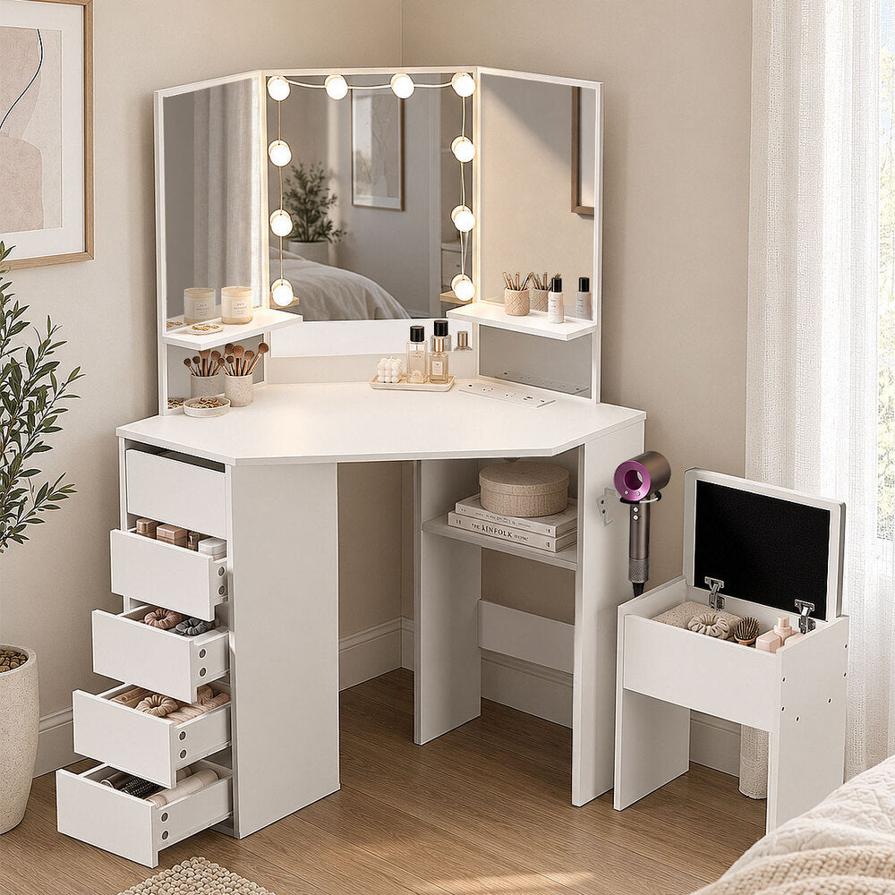 Dressing Table Set White Led 103x50x142cm