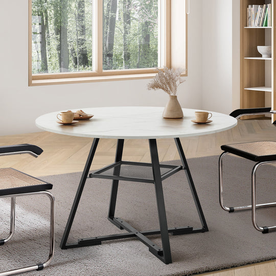 Round Dining Table 120cm Marble Effect Wooden Kitchen