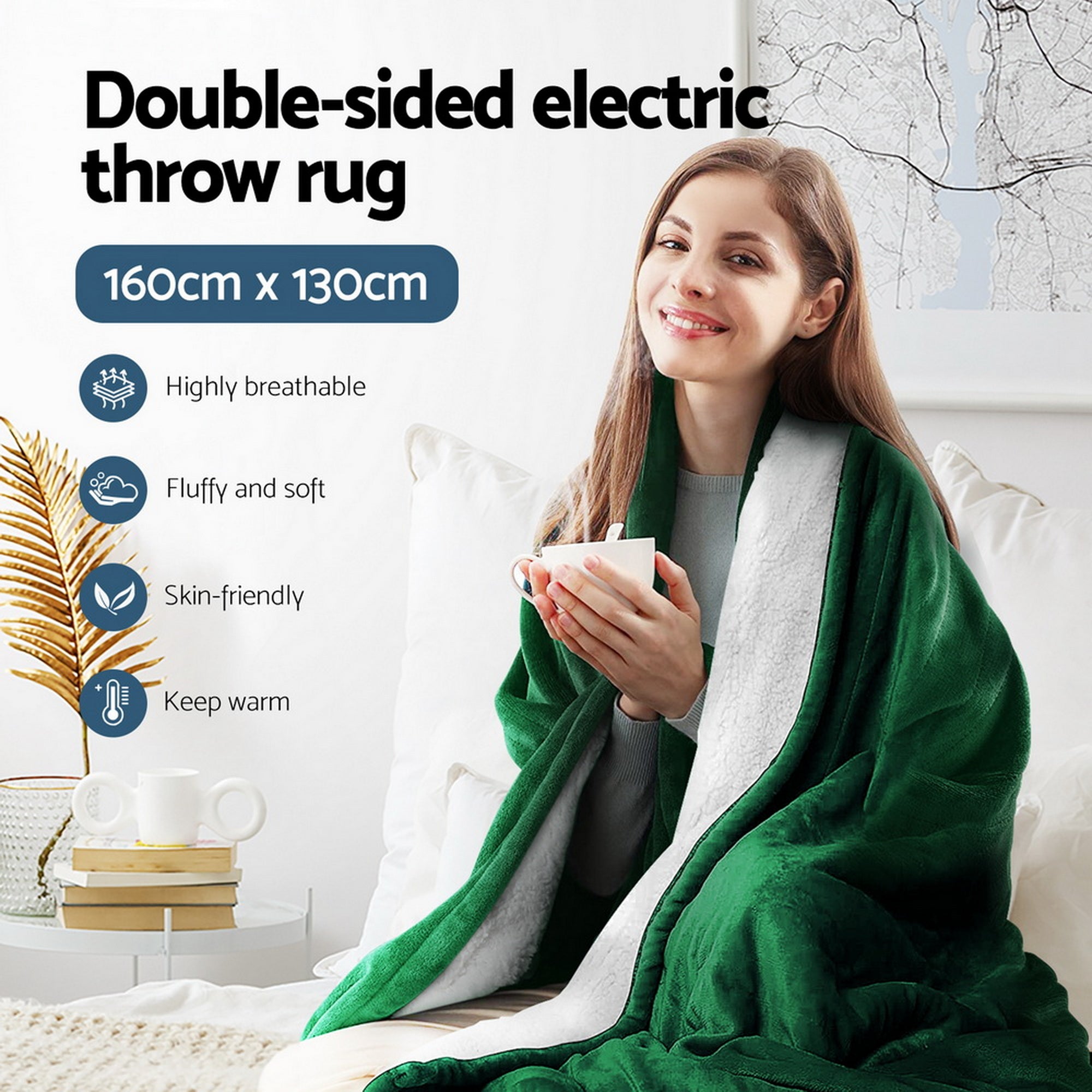 Electric Throw Rug Heated Blanket Charcoal/Green