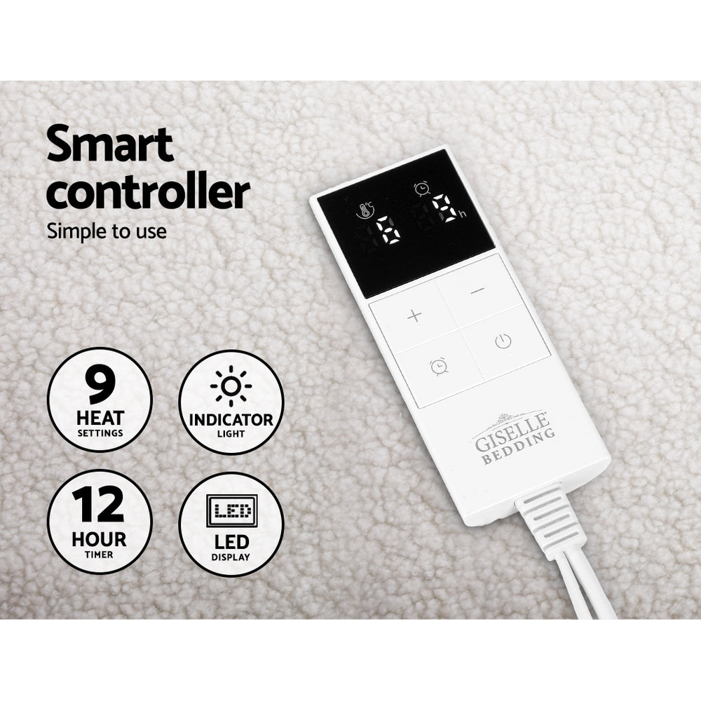 Double Electric Blanket Fleece Heated Underlay 9 Heat Settings Timer White