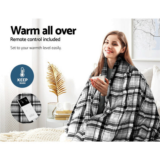 Electric Throw Rug Flannel Snuggle Blanket Washable Heated Grey & White - Giselle Bedding Checkered Fln