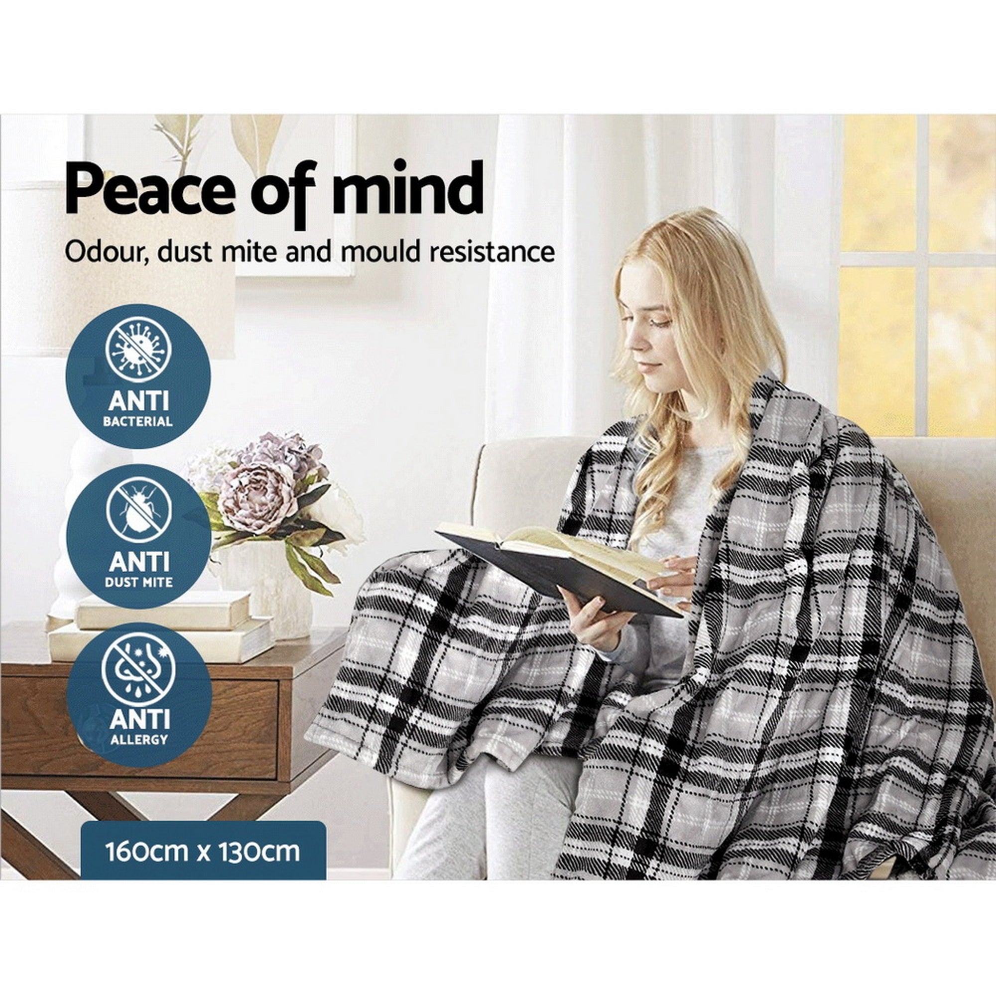 Electric Throw Rug Flannel Snuggle Blanket Washable Heated Grey & White