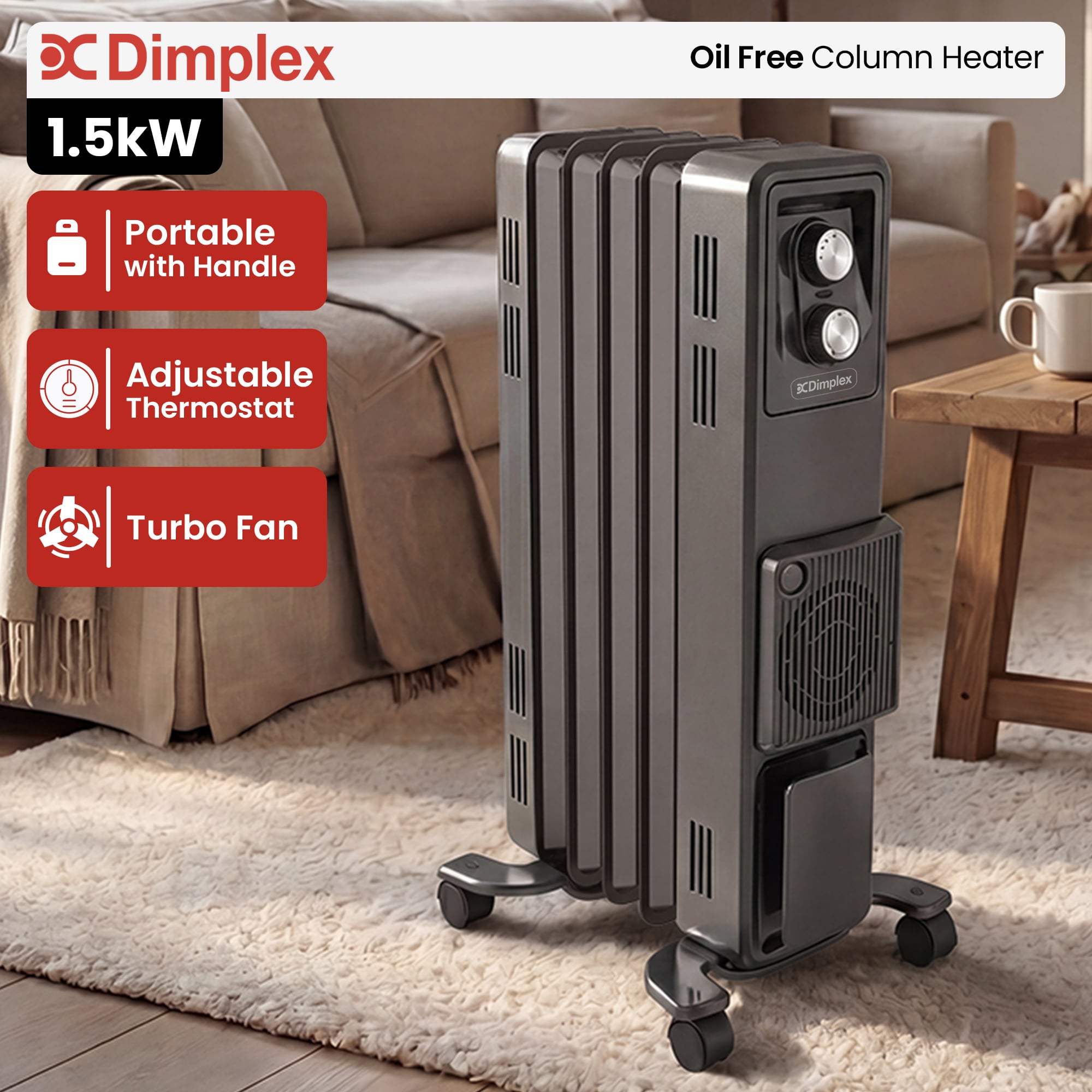 1.5kW Oil Free Column Heater 5 Fin Turbo Fan | Simpledeals