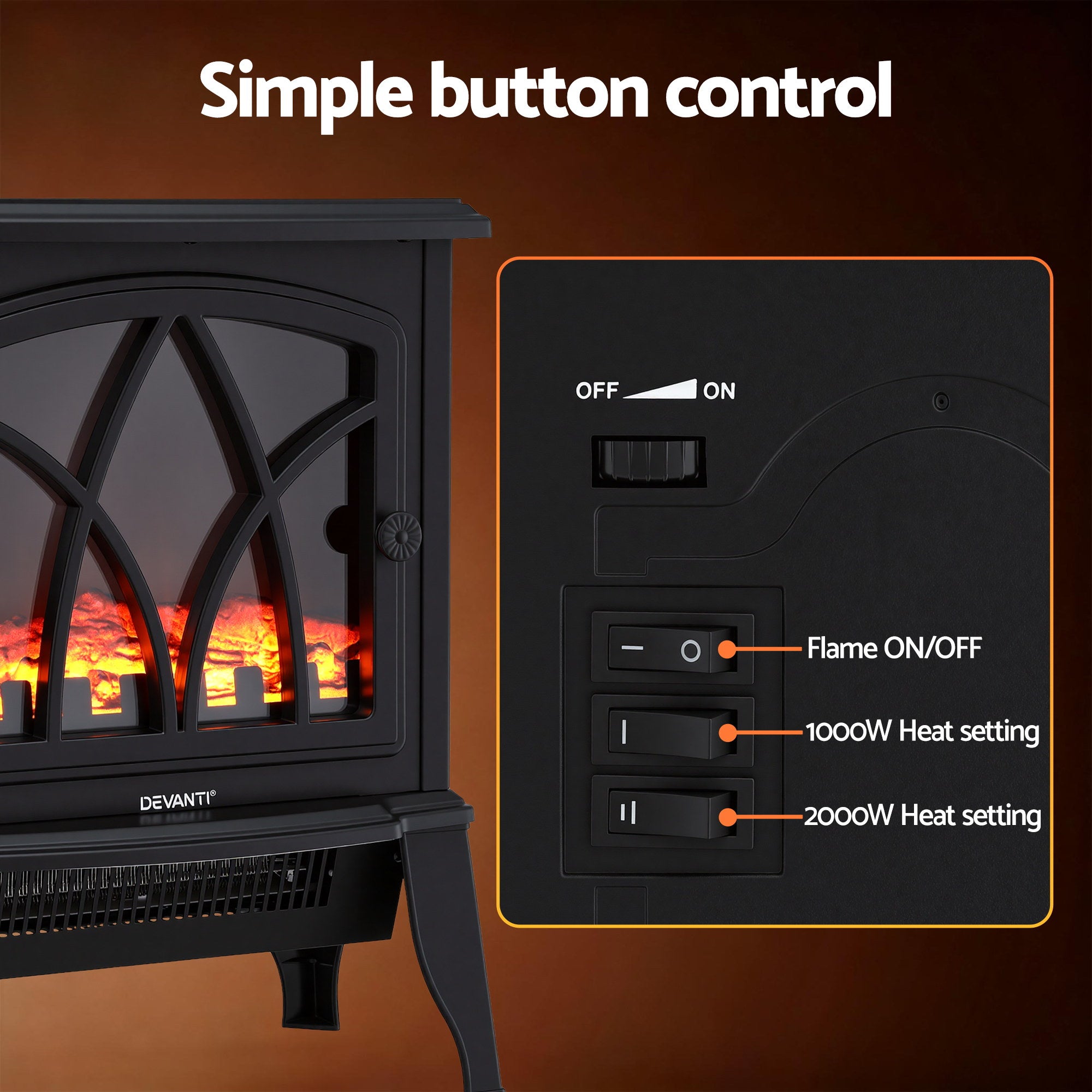 Devanti 2000W Electric Fireplace Heater Stove | Simpledeals