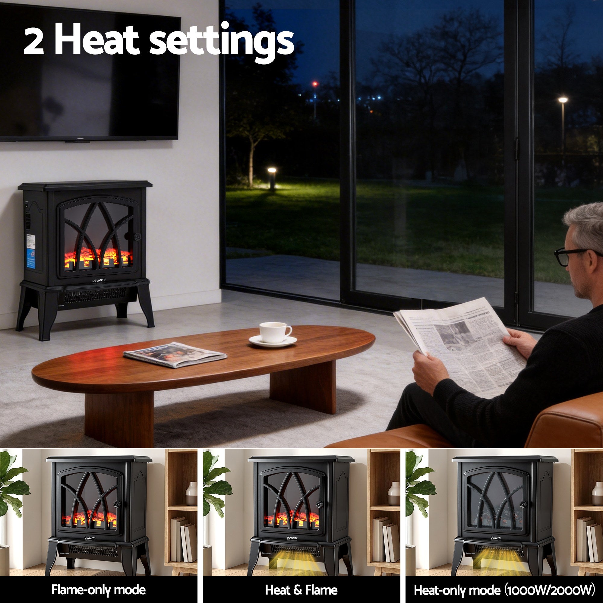 Devanti 2000W Electric Fireplace Heater Stove | Simpledeals