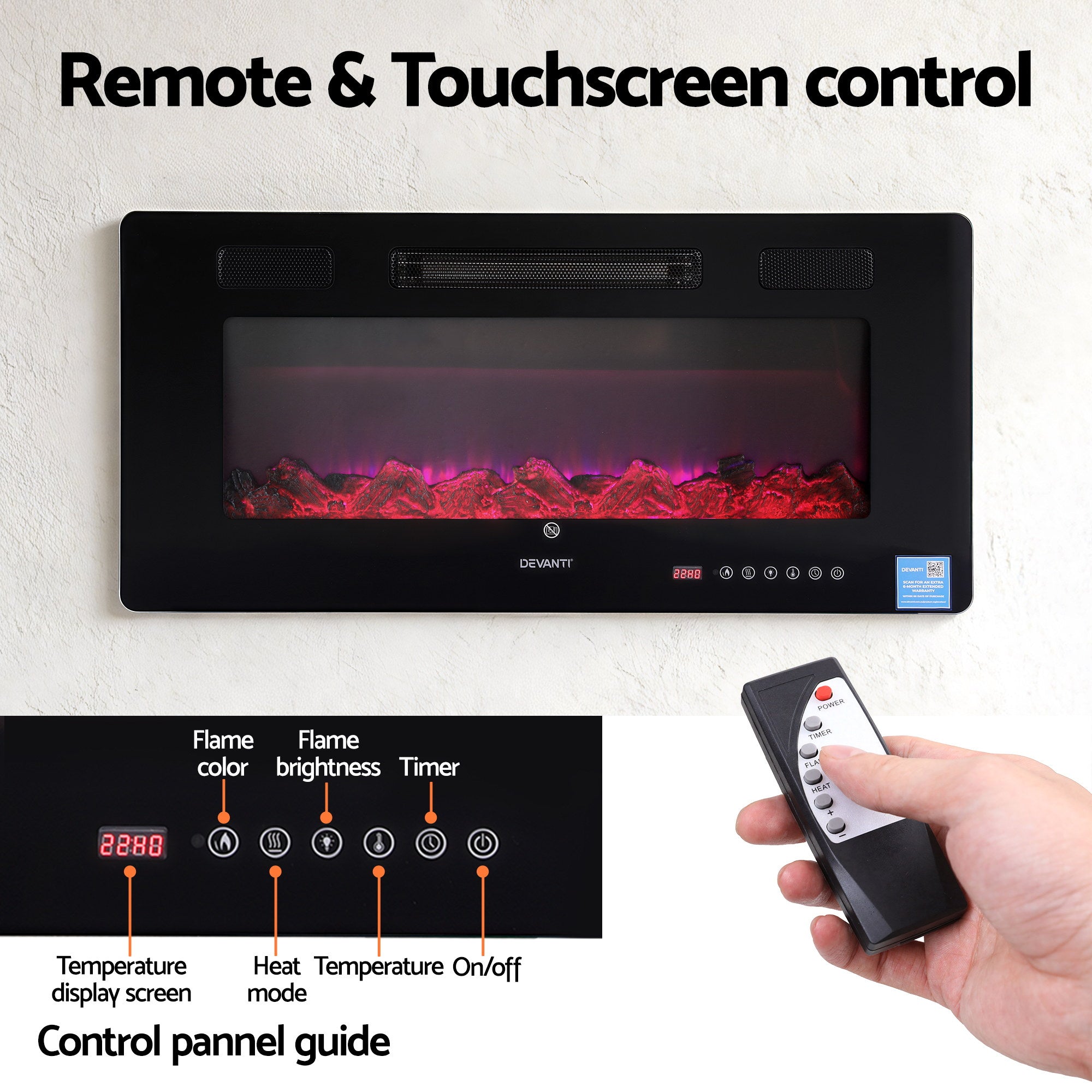 Electric Fireplace Wall Mounted 1800W Remote Control