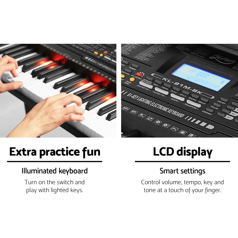 61 Keys Electronic Piano Keyboard Digital Electric W/ Stand Lighted Black