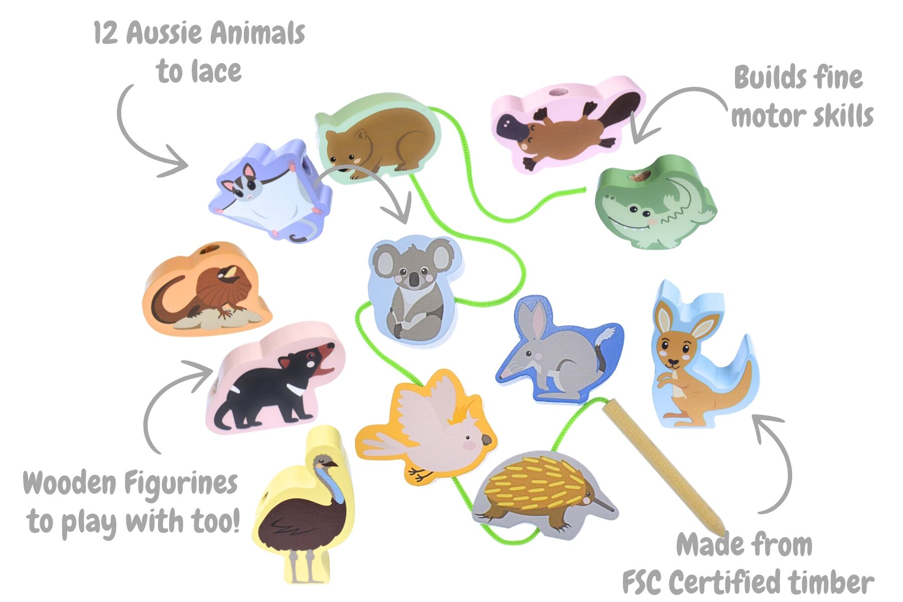 Threading Toy Aussie Animals Set 5x1.5x3.5cm