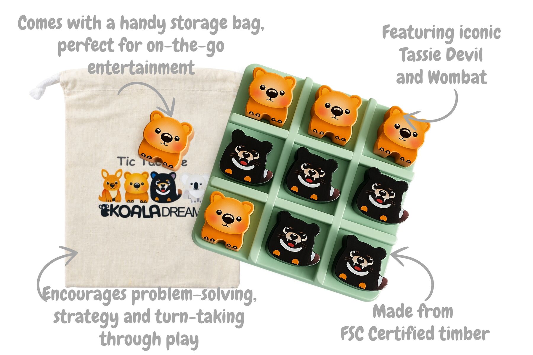 Tic Tac Toe Wombat Set Green 14x14cm
