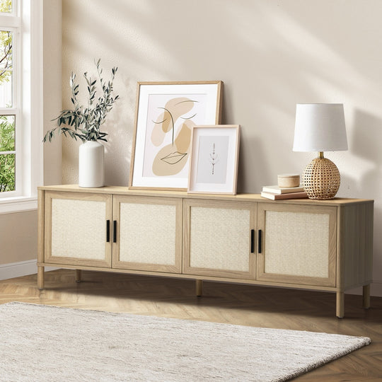 TV Cabinet Entertainment Unit Stand 160cm Rattan Doors Natural