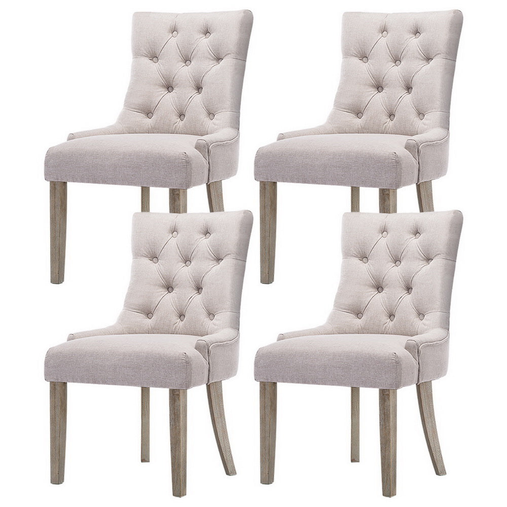 Set of 4 French Provincial Dining Chairs in Beige Linen – Elegant Vintage