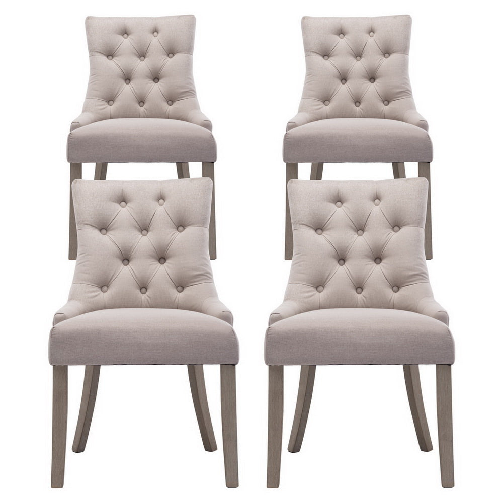 Set of 4 French Provincial Dining Chairs in Beige Linen – Elegant Vintage