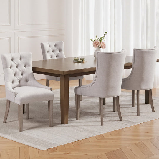 Set of 4 French Provincial Dining Chairs in Beige Linen – Elegant Vintage