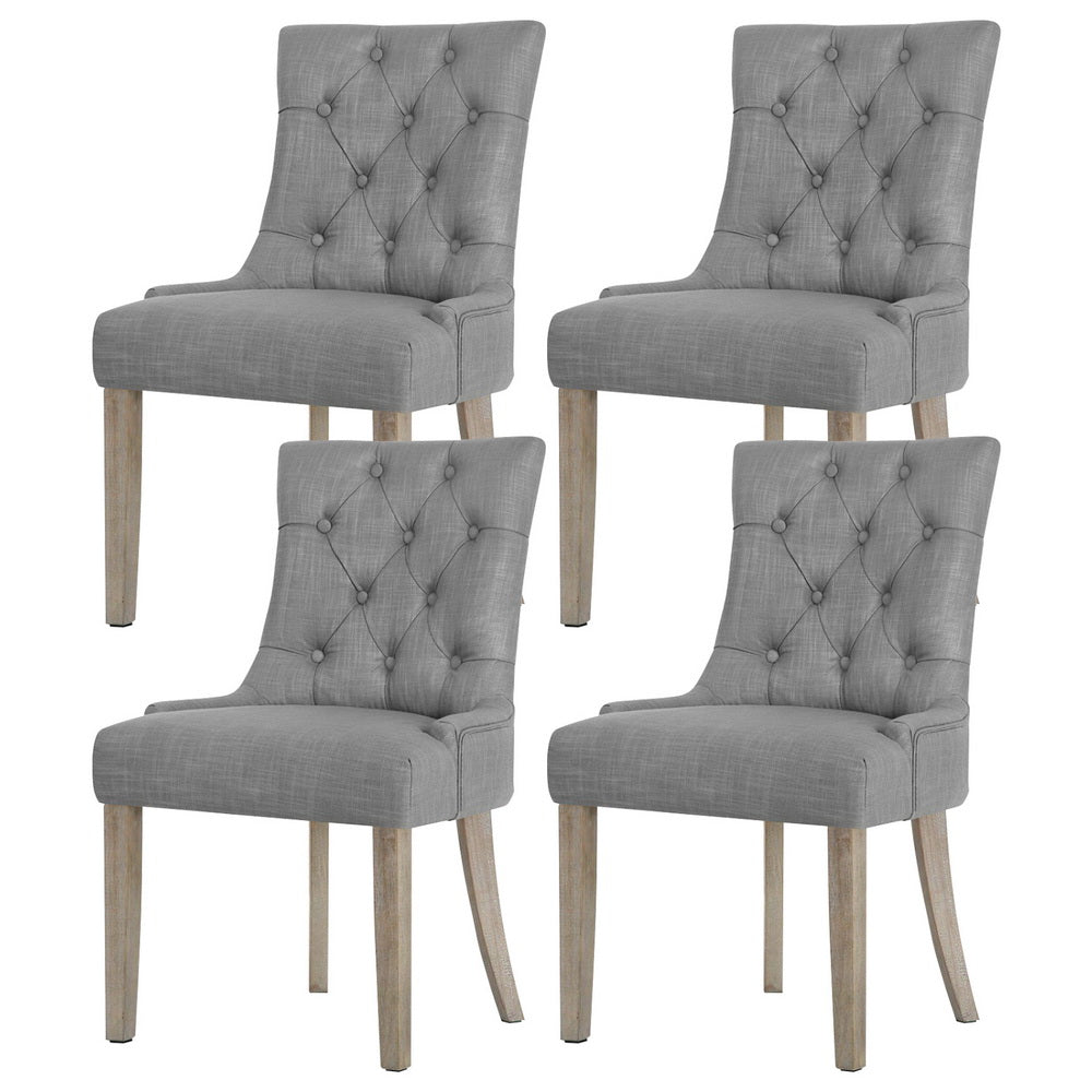 Set of 4 French Provincial Dining Chairs in Grey Linen – Elegant Upholstered Chairs