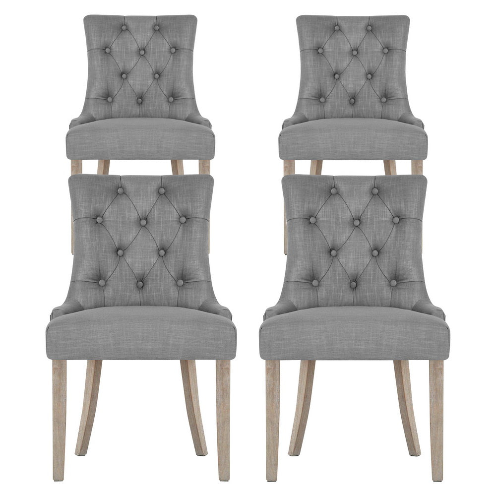 Set of 4 French Provincial Dining Chairs in Grey Linen – Elegant Upholstered Chairs