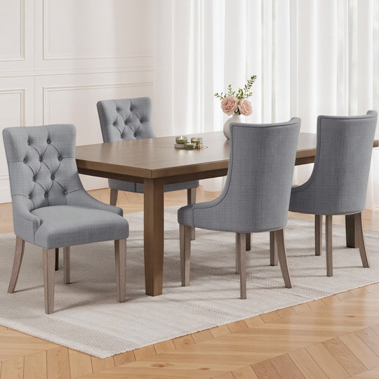 Set of 4 French Provincial Dining Chairs in Grey Linen – Elegant Upholstered Chairs