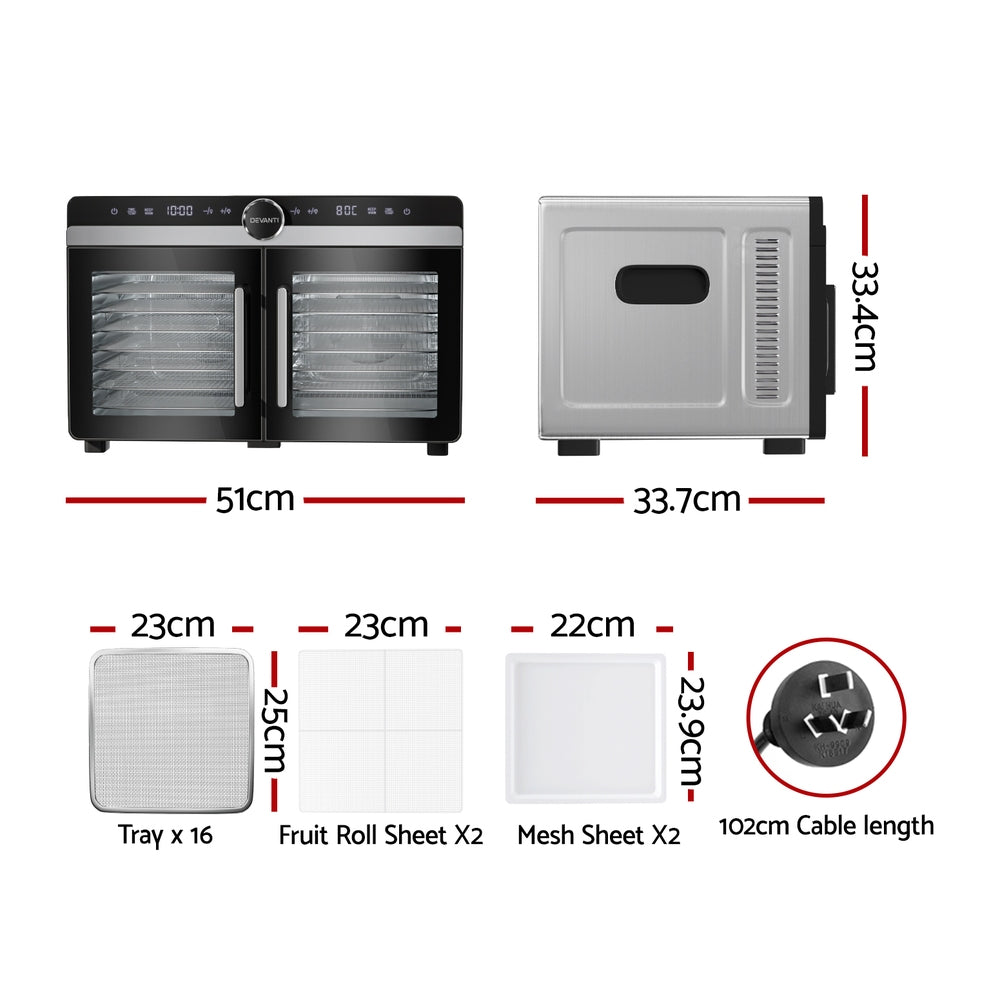 16-Tray Food Dehydrator with Dual-Zone Temperature Control, Stainless Steel