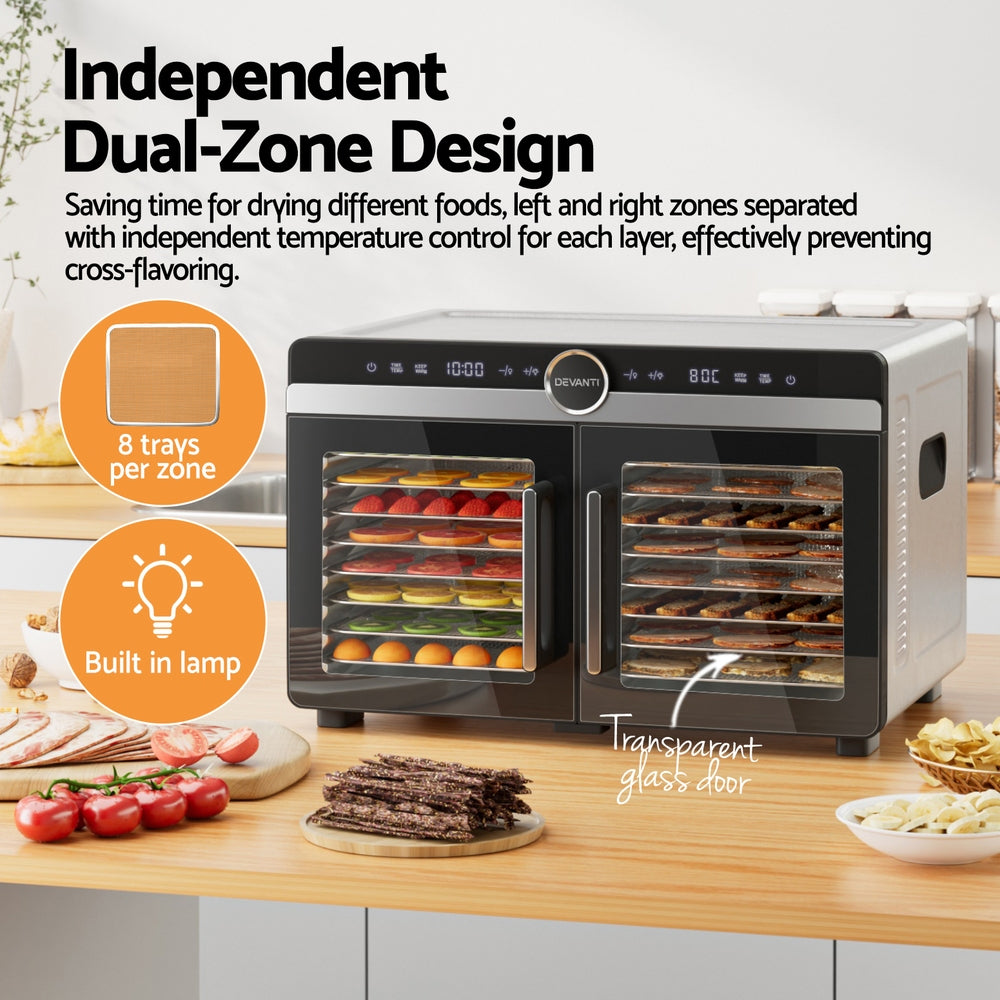 16-Tray Food Dehydrator with Dual-Zone Temperature Control, Stainless Steel