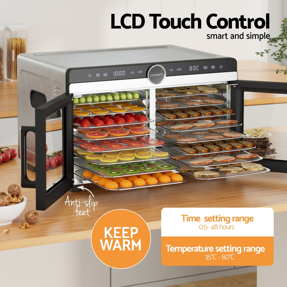 16-Tray Food Dehydrator with Dual-Zone Temperature Control, Stainless Steel