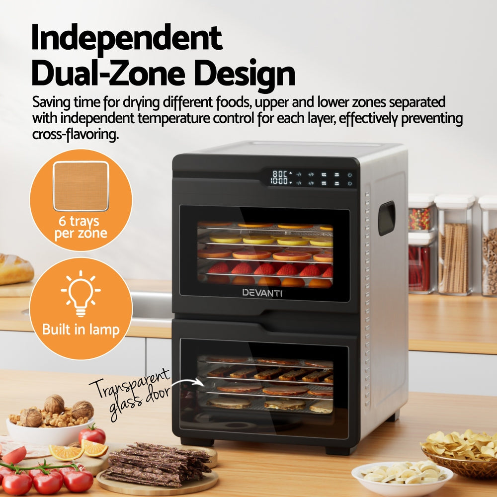 12 Trays Food Dehydrator Dual-Zone Stainless Steel Fruit Jerky Dryer
