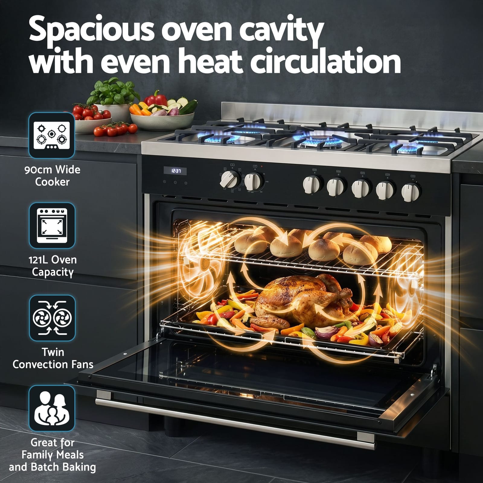 90cm Dual Fuel Cooker 5 Burner Gas Electric | Simpledeals