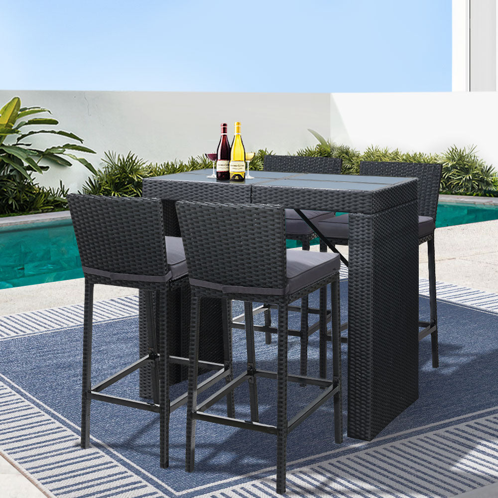5-Piece Outdoor Bar Set Wicker Patio Dining Table & Stools Furniture