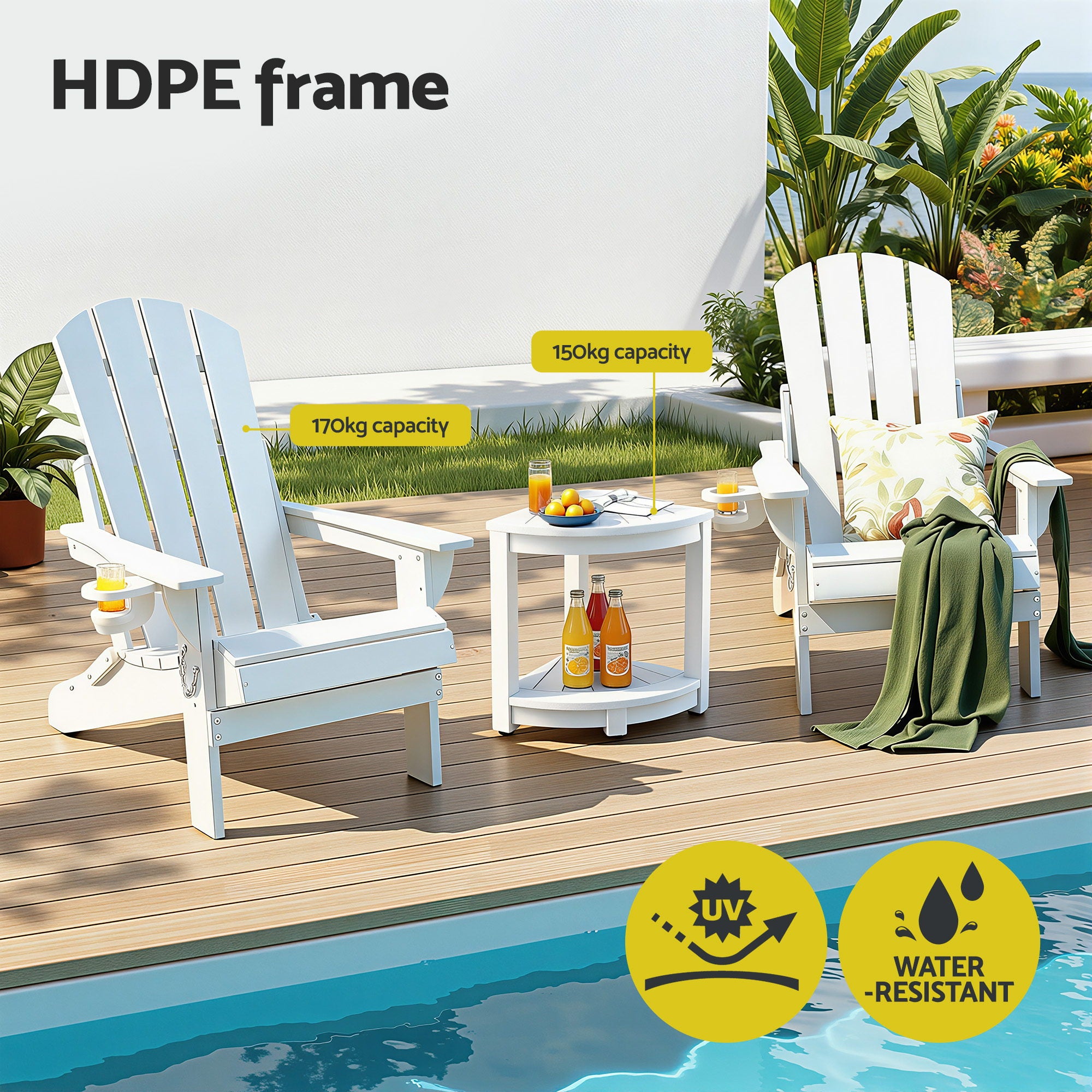Adirondack Outdoor Chair Table Set HDPE 3pc | Simpledeals