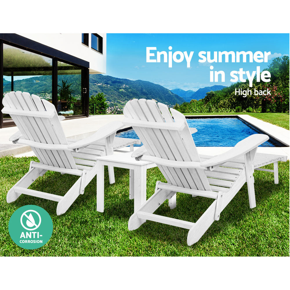 3 Piece Outdoor Adirondack Lounge Beach Chair Set - White