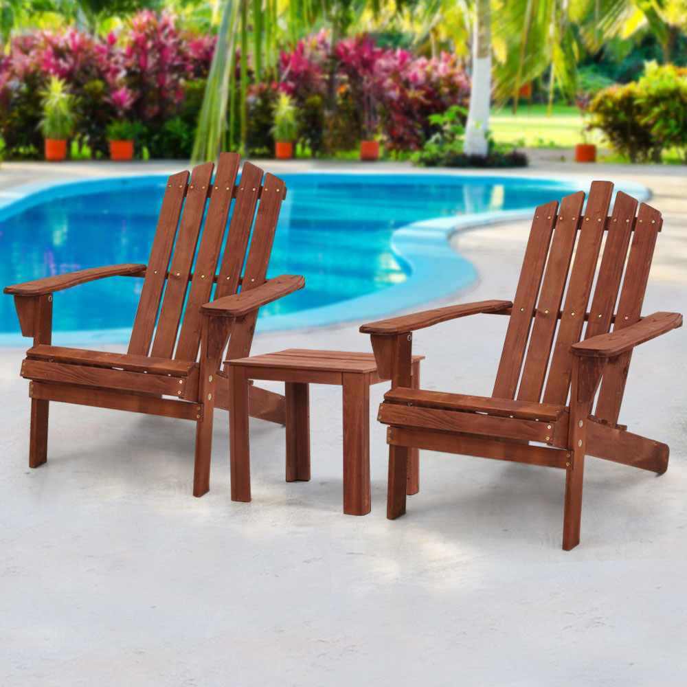 Outdoor Sun Lounge Beach Chairs Table Setting Wooden Adirondack Patio Chair Brwon - Gardeon